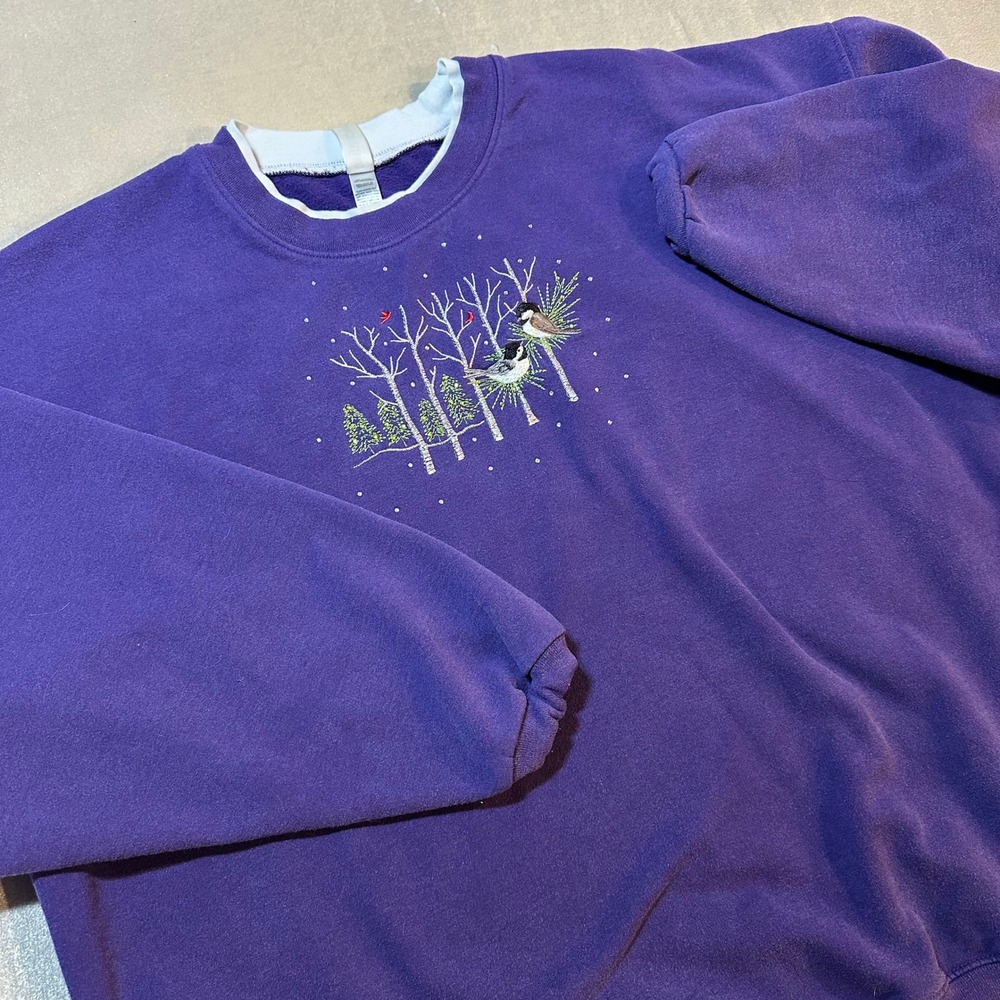Embroidered Chickadee Bird Sweatshirt Women's 3X Purple Winter Cottagecore